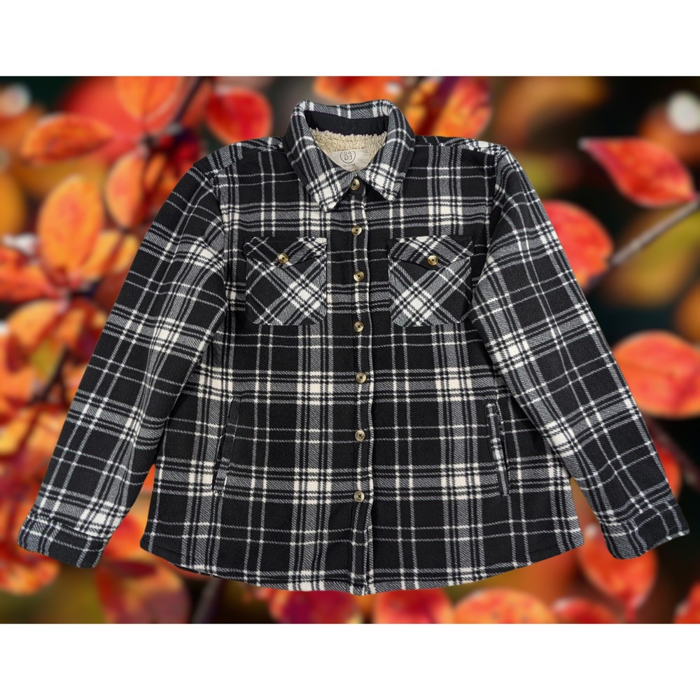 Sage Collective Sz XL Women Black White Plaid Sherpa Lined Fleece Shirt Shacket